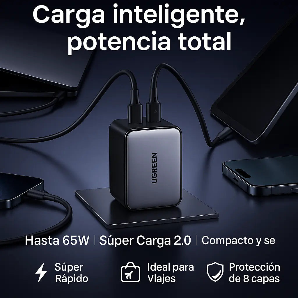 Cargador UGREEN 65W con 4 Puertos | Carga Rápida y Compacta para Todos tus Dispositivos
