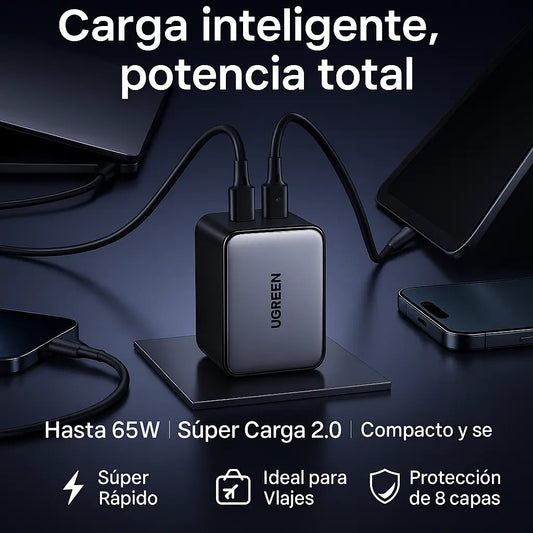 Cargador UGREEN 65W con 4 Puertos | Carga Rápida y Compacta para Todos tus Dispositivos